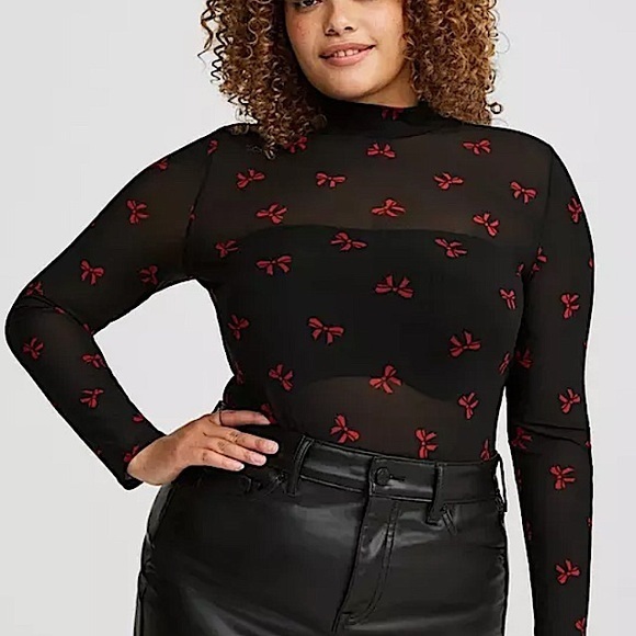 TORRID Mesh Mock Neck Long Sleeve Top w/Red Ribbon Print‎ NWT - Picture 2 of 6